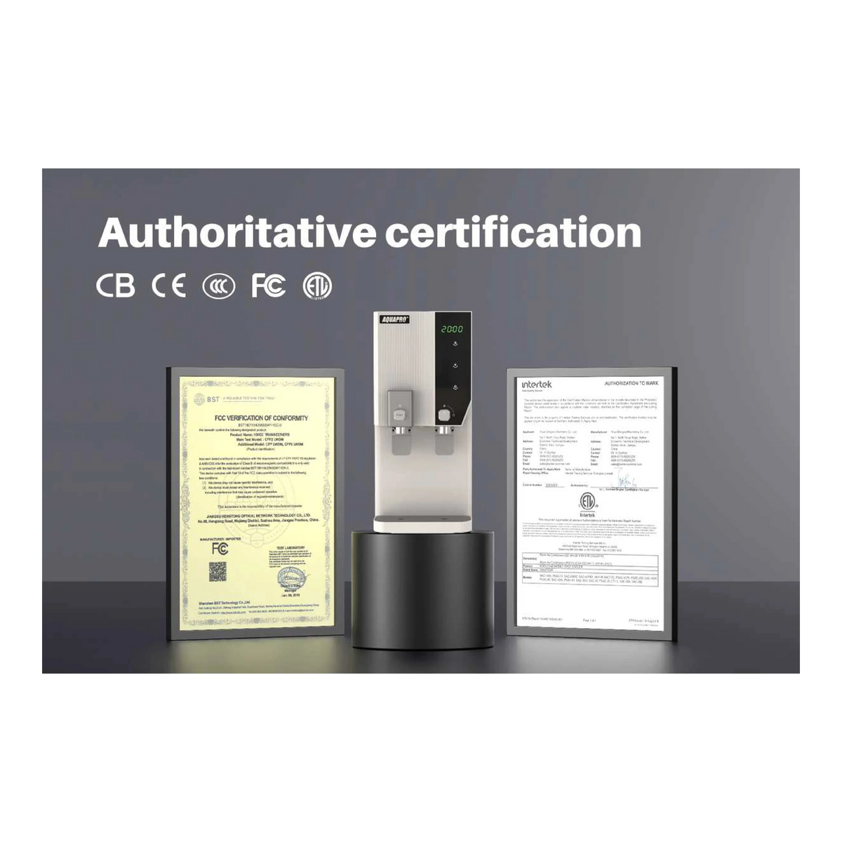 AquaPro countertop RO dispenser with clock - certifications