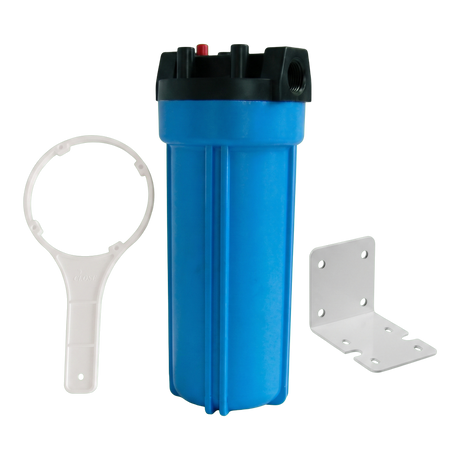 AQF blue cartridge filter housing with wrench and mounting bracket