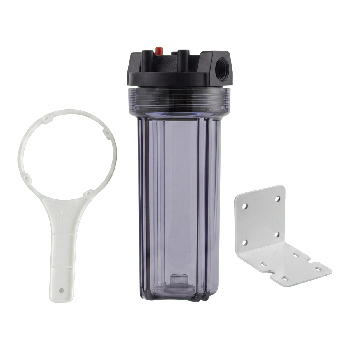 AQF clear cartridge filter housing with wrench and mounting bracket