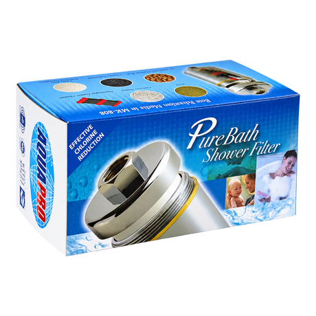 AQUAPRO MK808 PureBath Shower Filter retail box — three-quarter view