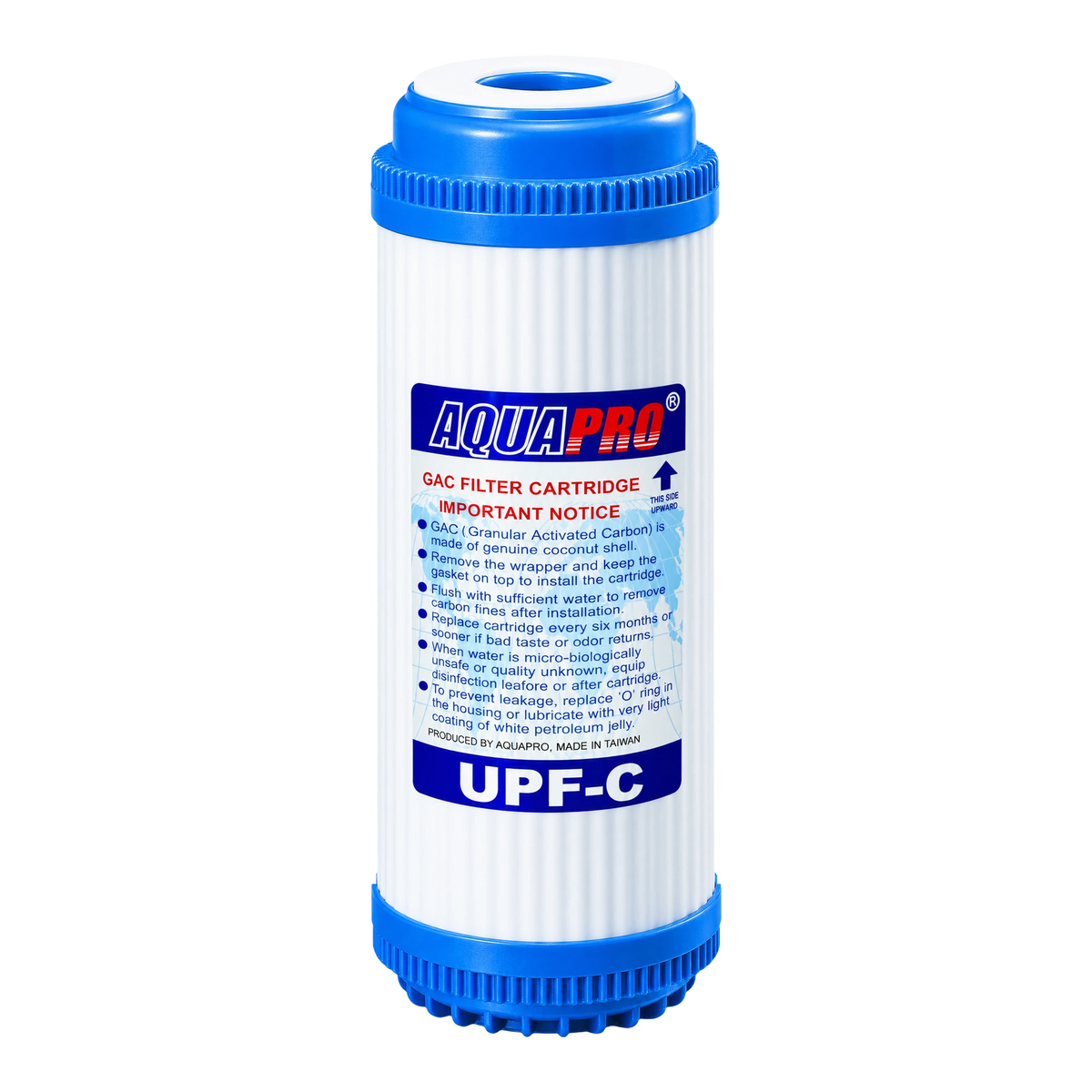 AQUAPRO UPF-C granular activated carbon filter cartridge with blue end caps