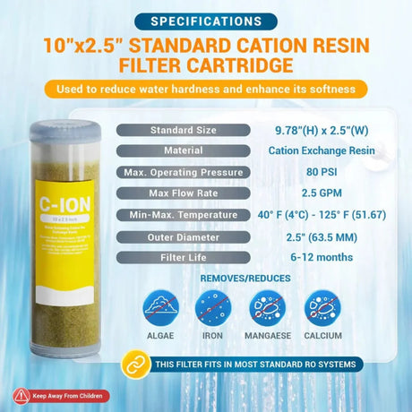 Cation resin filter cartridge specifications