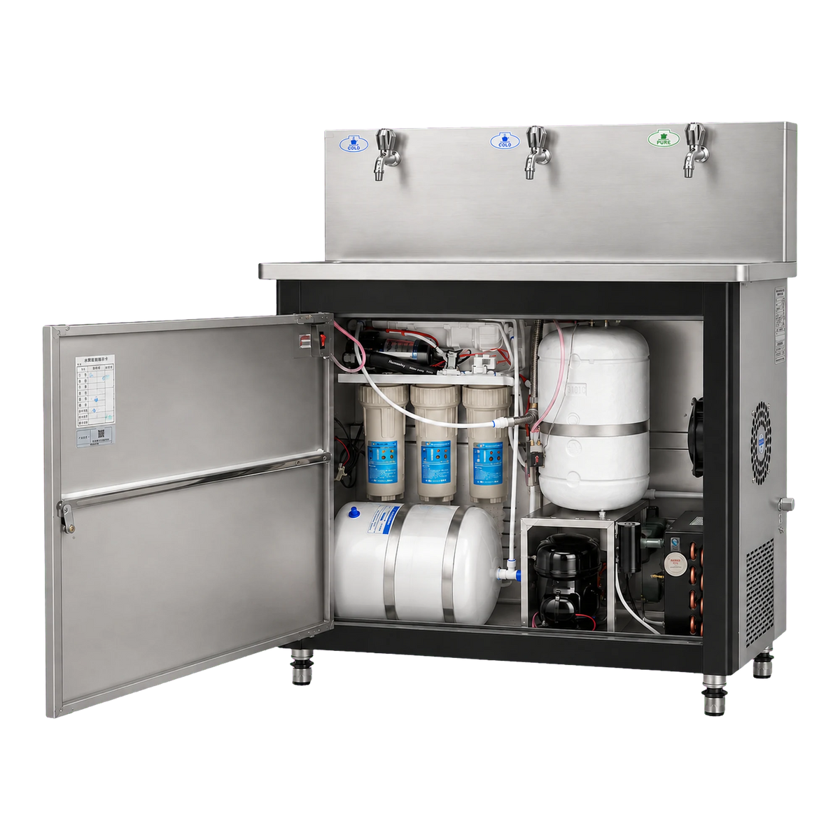 Commercial water dispenser with 400 GPD RO system open cabinet view