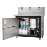 Commercial water dispenser with 400 GPD RO system open cabinet view