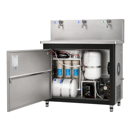 Commercial water dispenser with 400 GPD RO system open cabinet view
