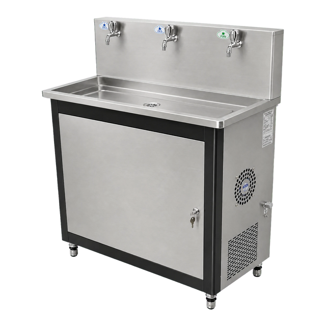 Commercial water dispenser with 400 GPD RO system three-quarter view