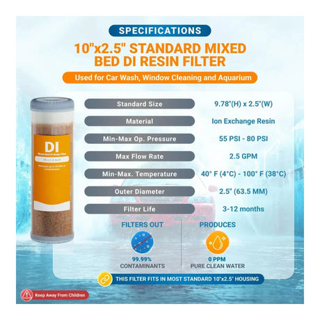 10 x 2.5 inch mixed bed DI cartridge specifications